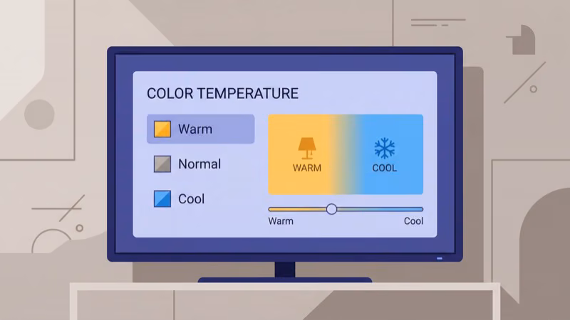 TV color temperature settings showing warm normal and cool options