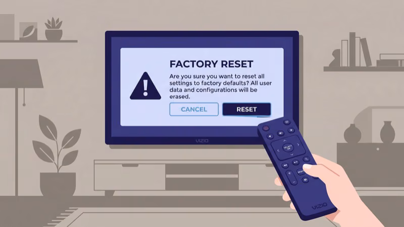 Vizio TV factory reset confirmation dialog with caution icon