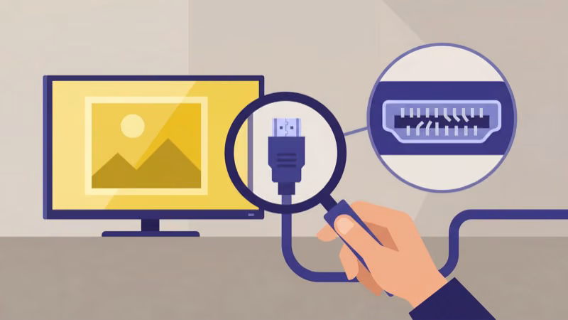 Inspecting HDMI cable connector with magnifying glass for damage