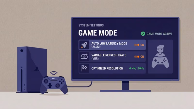 Gaming console connected to TV showing VRR and ALLM settings