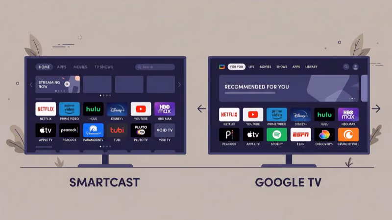 SmartCast and Google TV interface comparison on two screens