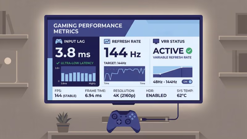 TV gaming performance metrics showing input lag and refresh rate