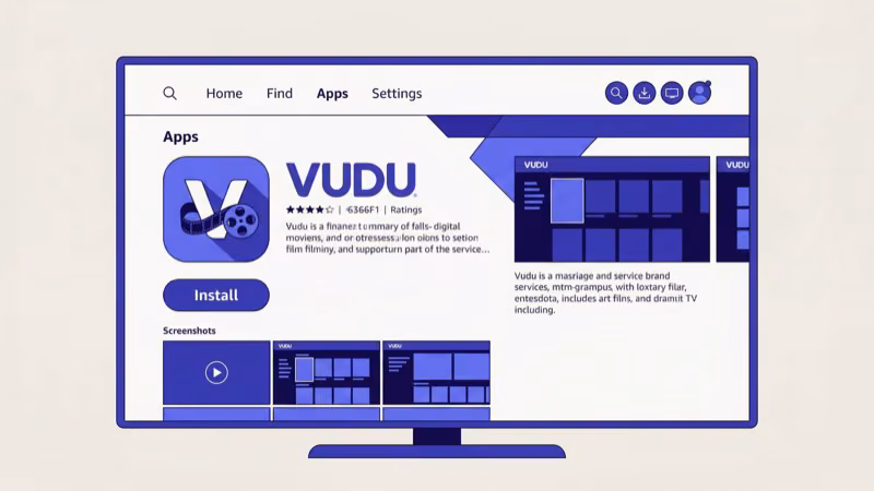 Fire TV Stick home screen showing Vudu app installation steps in Amazon Appstore