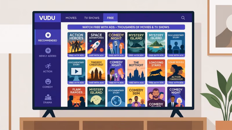 Vudu free movie library browsing screen on Fire TV Stick showing ad-supported titles