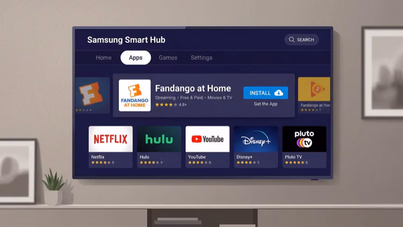 Samsung Smart Hub app store showing Fandango at Home download
