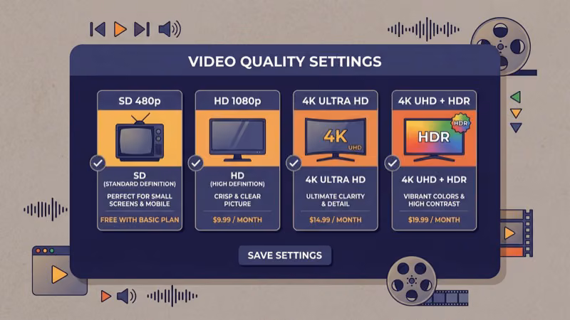 Video quality settings showing SD HD and 4K UHD tiers