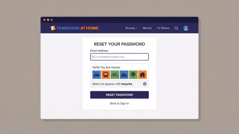 Fandango at Home password reset page with email input field and reset button