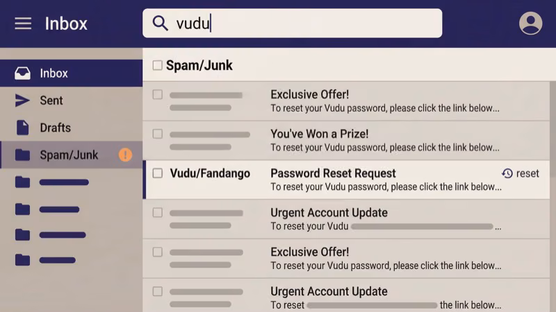 Checking spam and junk folders for missing Vudu password reset emails