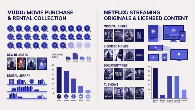 Fandango at Home new release movie tiles alongside Netflix original series content grid comparison