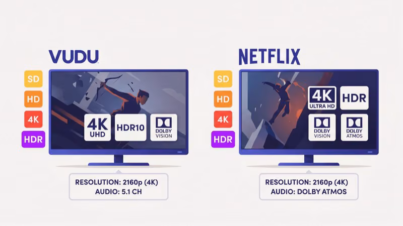 4K HDR streaming quality comparison showing Fandango at Home free 4K versus Netflix Premium plan requirement