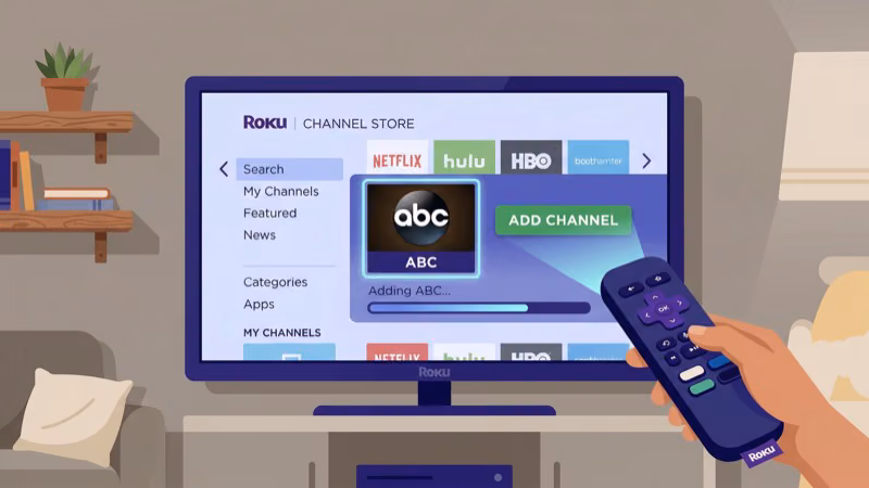 Installing ABC app from Roku Channel Store on TV screen