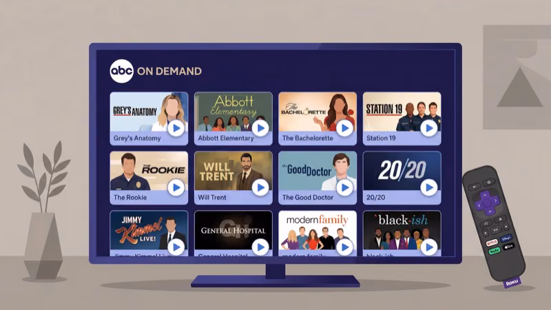 ABC on-demand content library with show thumbnails on Roku