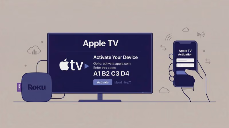 Apple TV activation code screen displayed on Roku for sign in