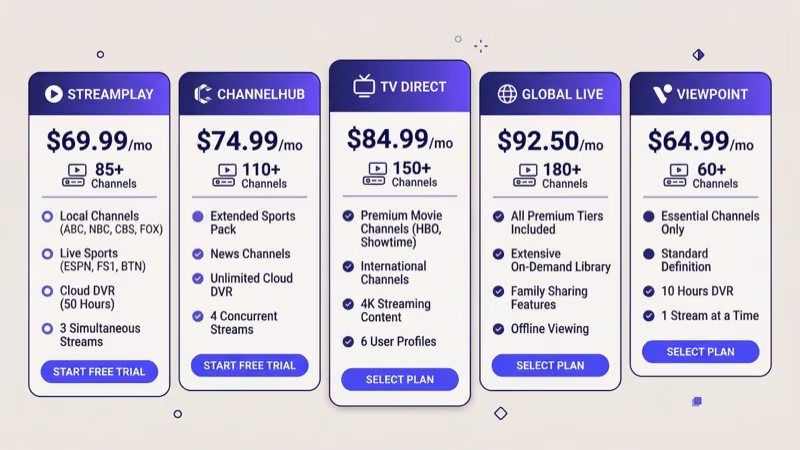Comparison of live TV streaming services that include BET channel for Fire TV Stick