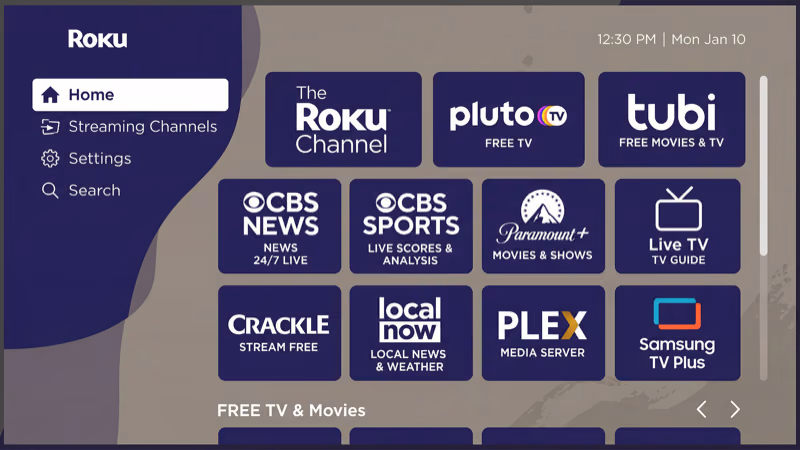 CBS News and CBS Sports free apps displayed on Roku home screen channel grid