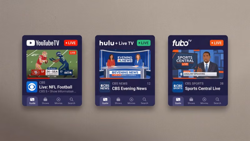 YouTube TV and Hulu Live TV service logos compared on Roku streaming selection screen
