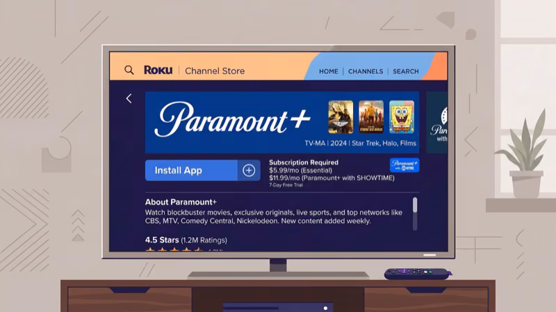Paramount Plus app installation screen on Roku streaming channel store interface