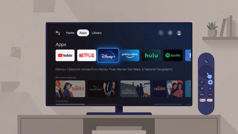 Chromecast with Google TV remote showing Disney Plus app