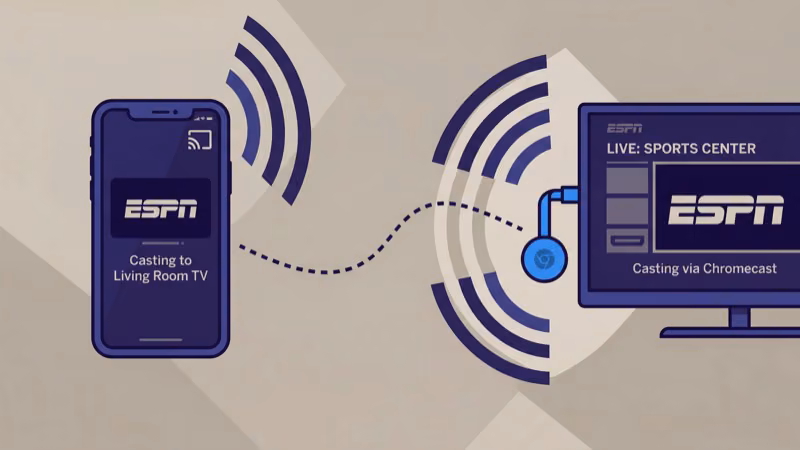 ESPN app on iPhone showing Cast icon to send live sports stream to Chromecast