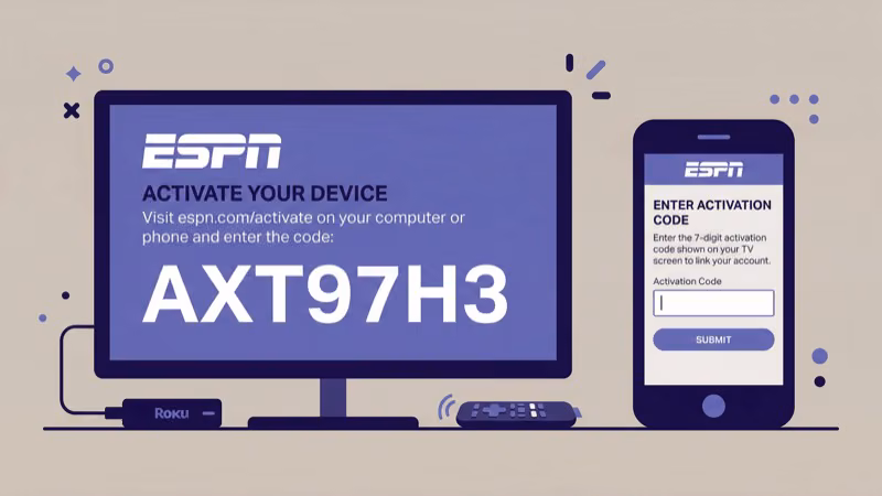 ESPN activation screen on Roku with code entry on phone