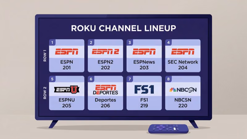 ESPN channel lineup grid showing ESPN ESPN2 and ESPNews on Roku