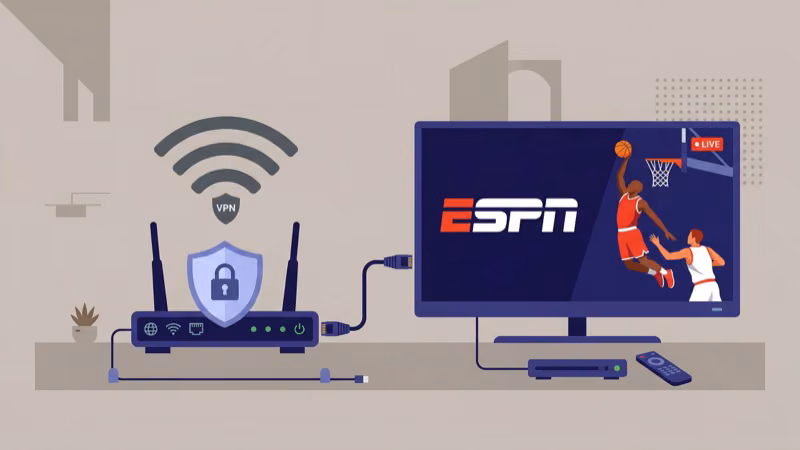 VPN router setup with shield icon for ESPN streaming access