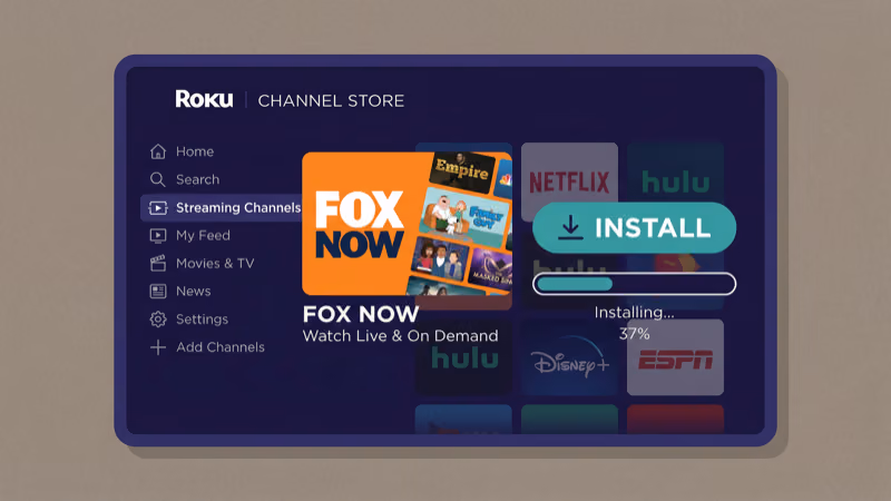 FOX NOW app install screen on Roku channel store interface