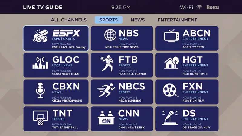 Roku TV screen showing live TV streaming app options in grid layout