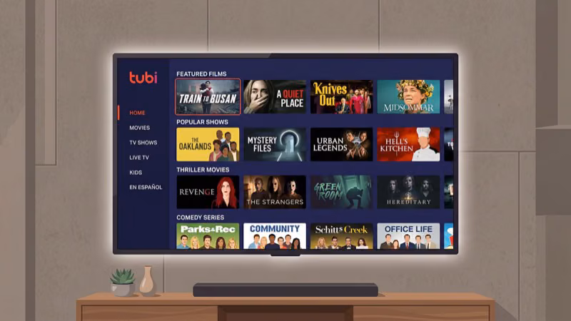 Tubi free streaming app showing movie and show categories on TV