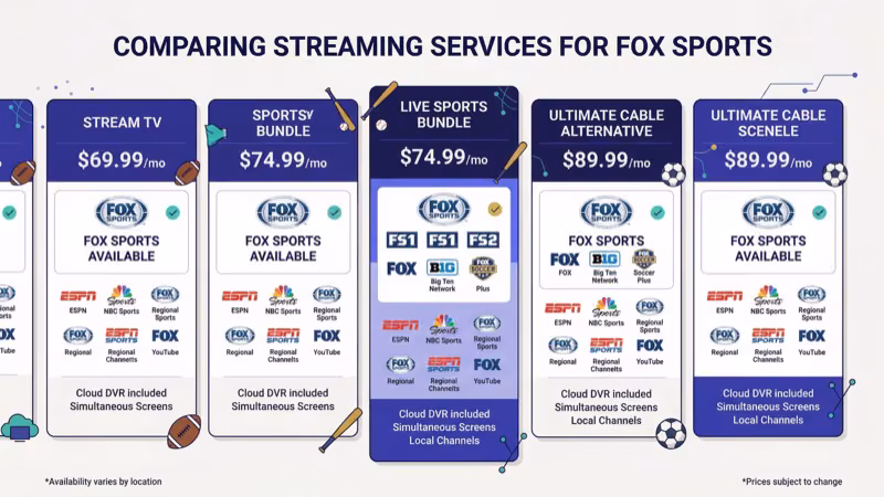 YouTube TV fuboTV Hulu Sling Blue streaming service comparison for Fox Sports