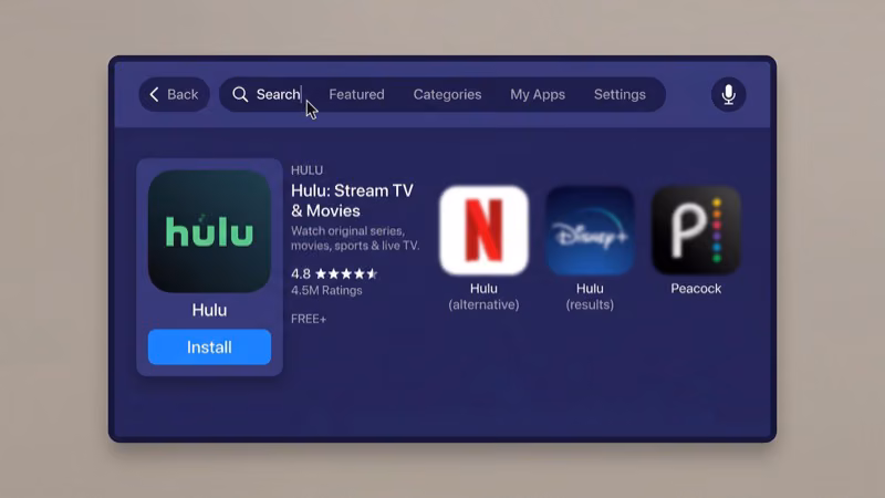Apple TV App Store search showing Hulu app download screen