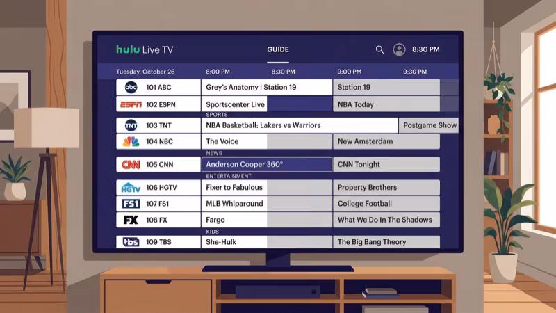 Hulu Live TV channel guide grid with sports and news listings