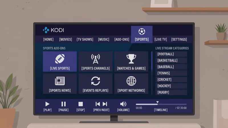 Kodi addon setup screen on Fire TV Stick showing sports streaming sources