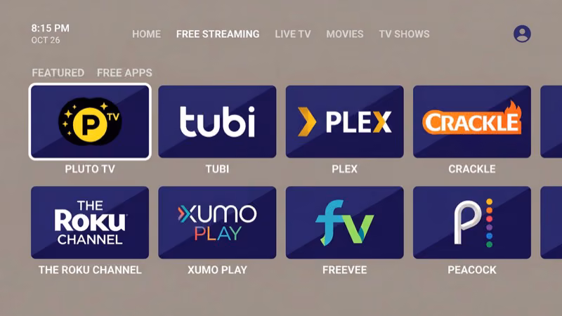 Free streaming app icons including Pluto TV and Tubi on Fire TV