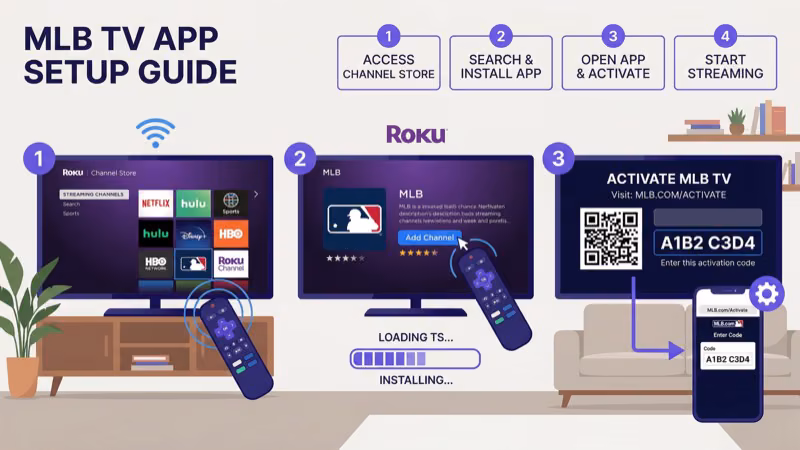 Roku channel store showing MLB TV app installation and setup screen for baseball streaming