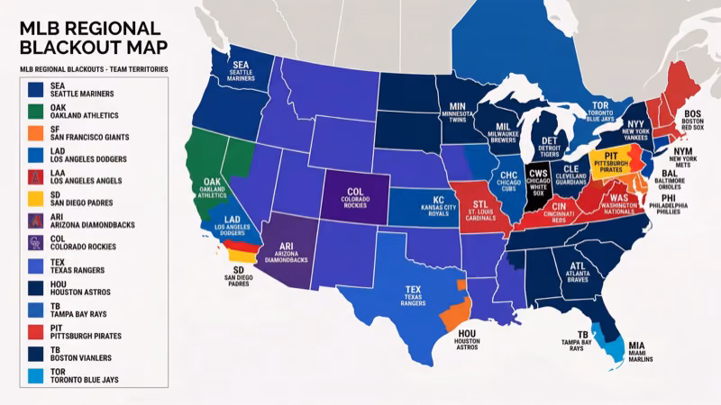 MLB blackout territory map showing regional broadcast restrictions for MLB TV subscribers