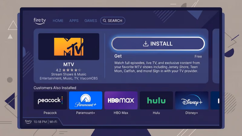 MTV app download and installation screen on Amazon Appstore for Fire TV Stick