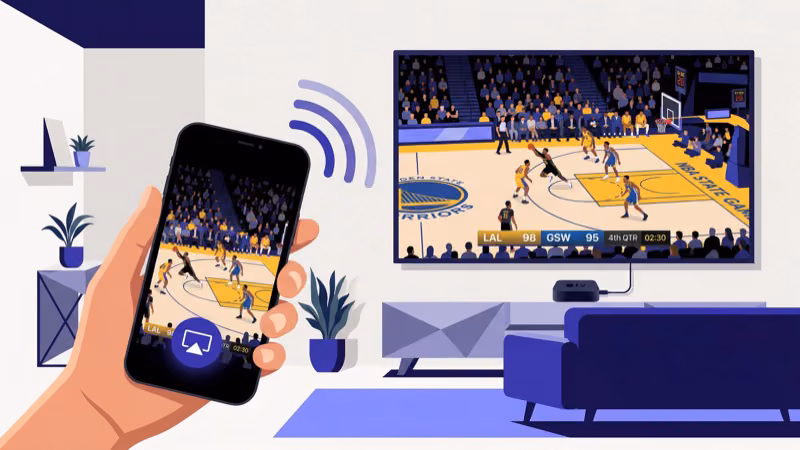 iPhone screen showing AirPlay icon casting NBA game to Apple TV on living room television