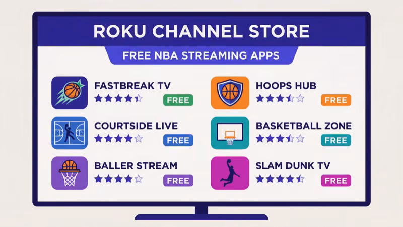 Roku Channel Store showing free NBA streaming apps including Pluto TV and Tubi