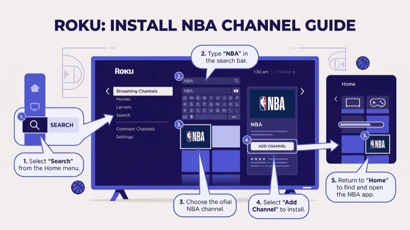 Roku Express 4K plus device connected to TV with NBA app setup screen displayed