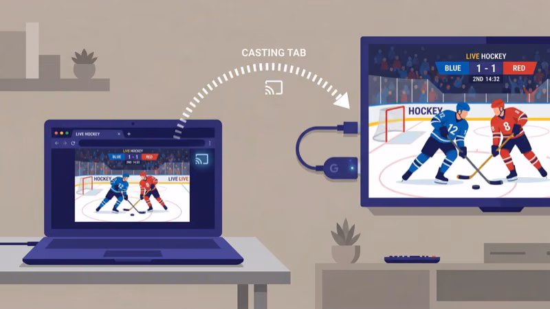 Laptop browser casting NHL game tab to Chromecast on TV