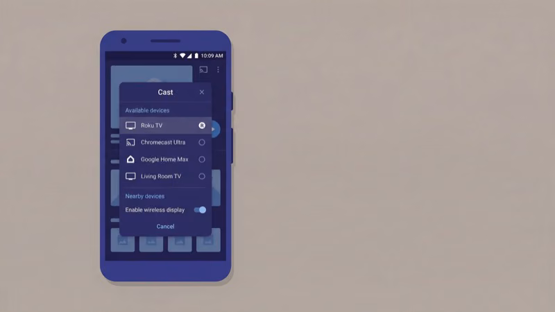Android phone screen share cast panel with Roku TV selected