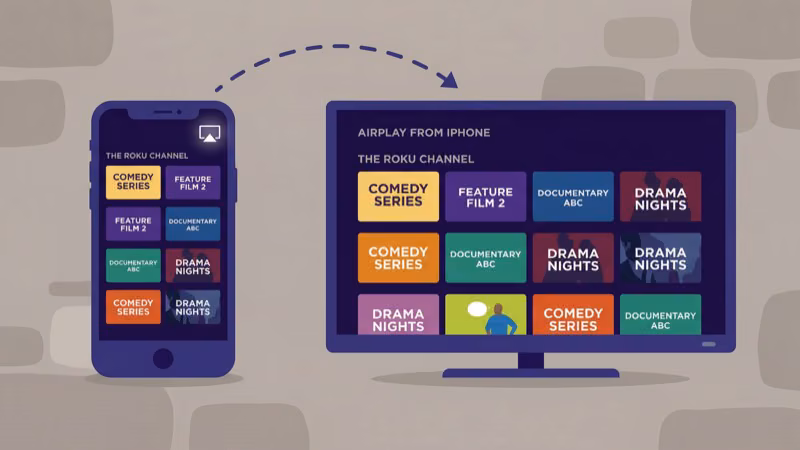 iPhone Control Center showing Screen Mirroring option casting Roku Channel to Apple TV
