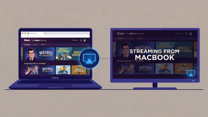 Mac browser with Roku Channel open and AirPlay icon selected in macOS menu bar