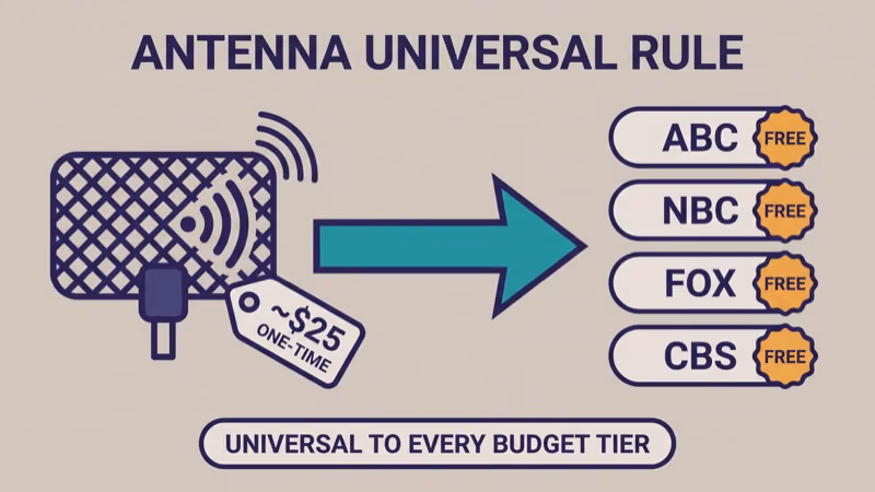 Simple flat icon diagram showing an HDTV antenna with a price tag of approximately twenty five dollars one-time connecting to four network badges ABC NBC FOX and CBS labeled free over the air