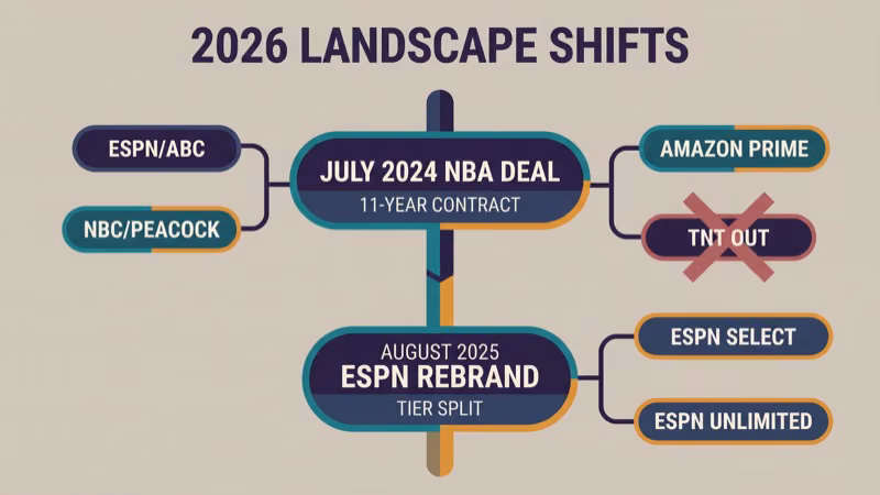Landscape diagram showing 2026 sports streaming structural shifts including the July 2024 NBA 11-year deal that moved TNT out of the NBA picture and the August 2025 ESPN plus rebrand that renamed it ESPN Select with ESPN Unlimited as the new premium tier