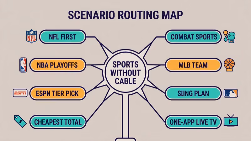 Hub and spoke diagram with a central pillar labeled Sports Without Cable connecting outward to four deep guides for NBA playoffs ESPN tier selection cheapest bundle and Sling plan with short scenario labels on each spoke