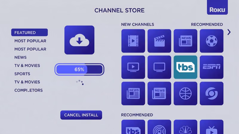 Roku streaming channel store showing live TV service apps ready to install