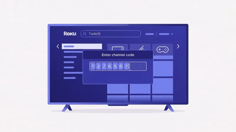 Roku account website showing Add Channel with Code field for Twitch twitchtv code