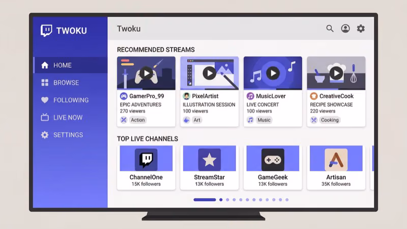 Twoku third-party Twitch channel interface on Roku showing stream browsing and chat